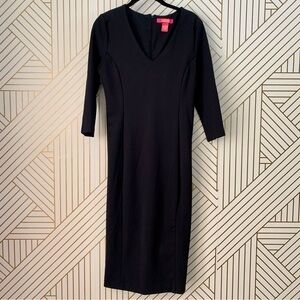 🍀3/$30 Catherine Malandrino Structured Sheath Dress 3/4 sleeve slit v neck black